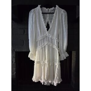 White Dainty Ruffle Tiered Long Sleeve Deep V Keyhole back Mini Dress M